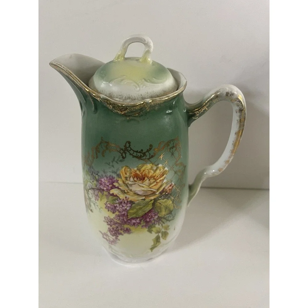Antique 3‎ Crowns Germany Hand Painted Floral Gold Accents Teapot/pitcher 8